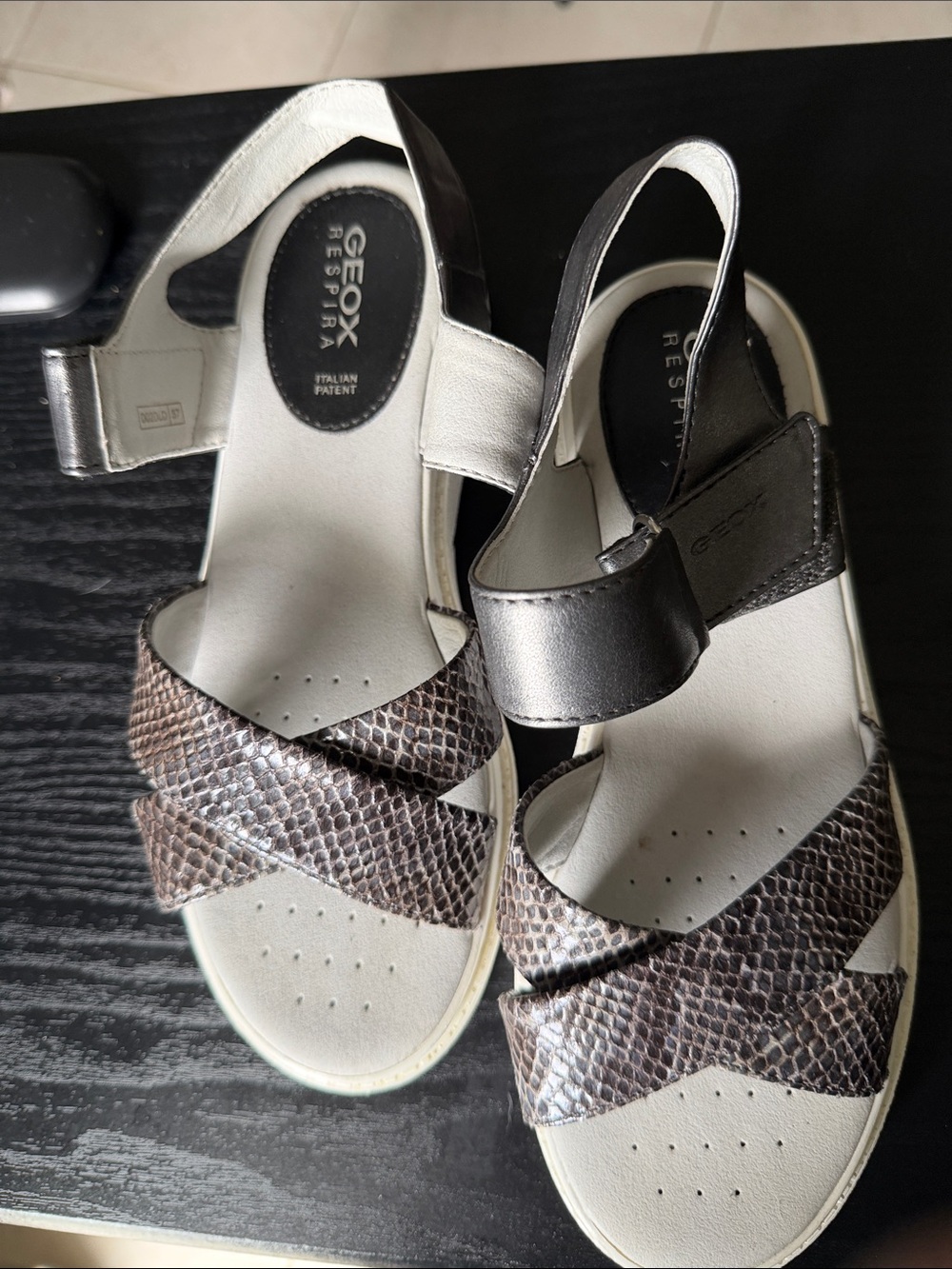 Geox Metallic Silver and Brown Snake-Print Wedge Sandals